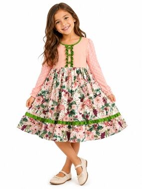 Marie Nicole 5XL Pink Floral Long-Sleeve A-Line Kids Dress with Green Trim